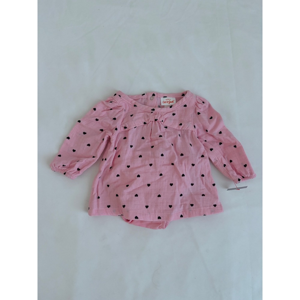 Cat & Jack Baby Girl Pink Heart Print Cotton Gauze Dress & Diaper Cover NB